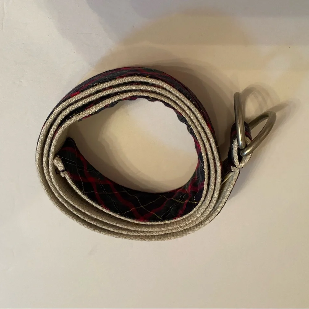 L.L. BEAN BELT BLUE GREEN PINK PLAID COTTON MATTE SILVER D RINGS SIZE M PREPPY